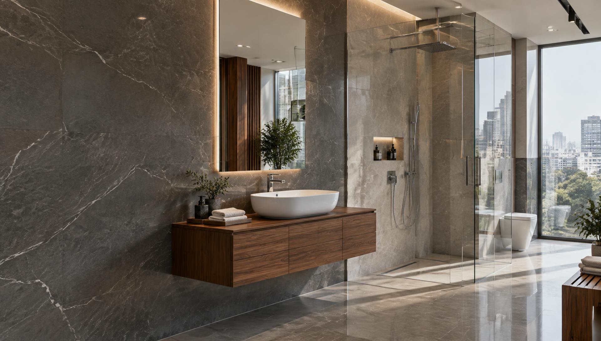 Modern bathroom with marble tiles, vanity and sanitary fittings